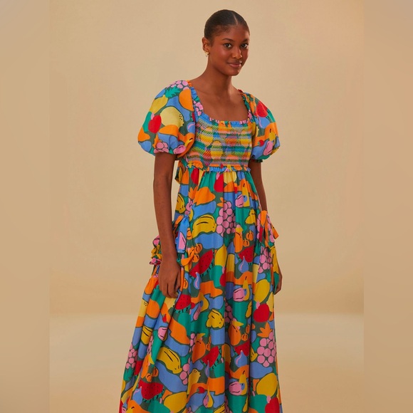 Farm Rio Multicolor Fruit Landscape Short Sleeve Midi Dress - Picture 6 of 11